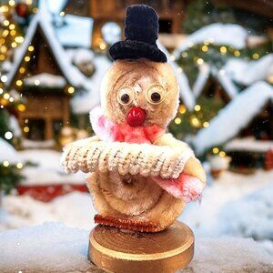 Vintage 1950s Chenille Snowman Ornament Red Nose Hat Scarf Accordion Putz Japan